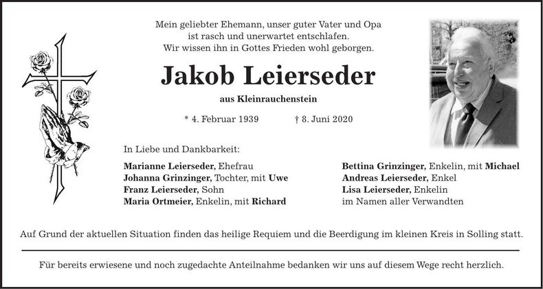 Traueranzeige Jakob Leierseder