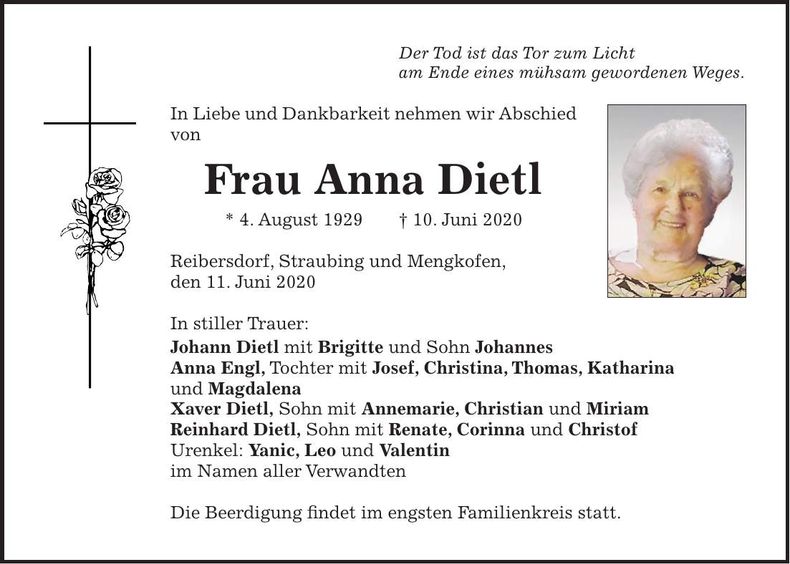 Traueranzeige Anna Dietl