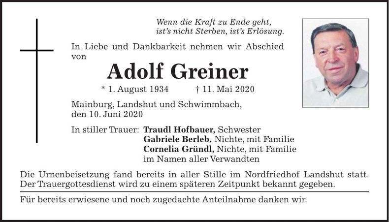 Traueranzeige Adolf Greiner