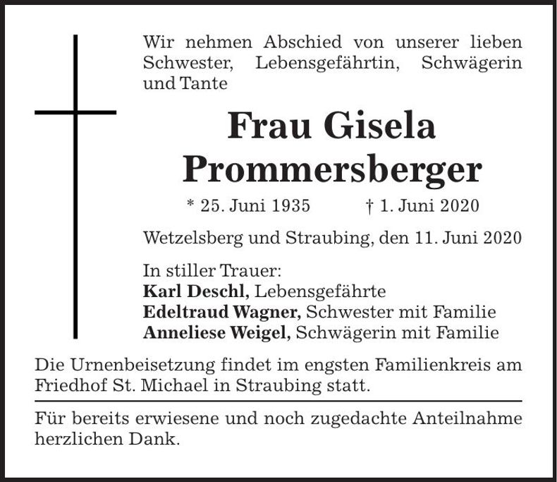 Traueranzeige Gisela Prommersberger