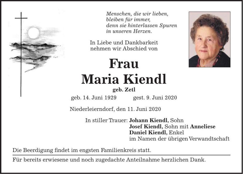 Traueranzeige Maria Kiendl