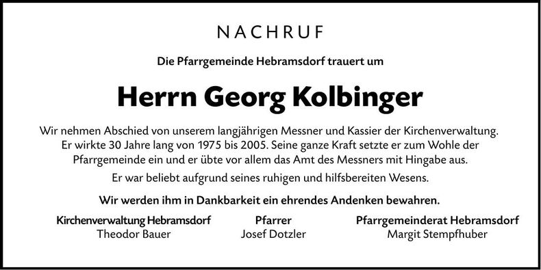 Traueranzeige Georg Kolbinger