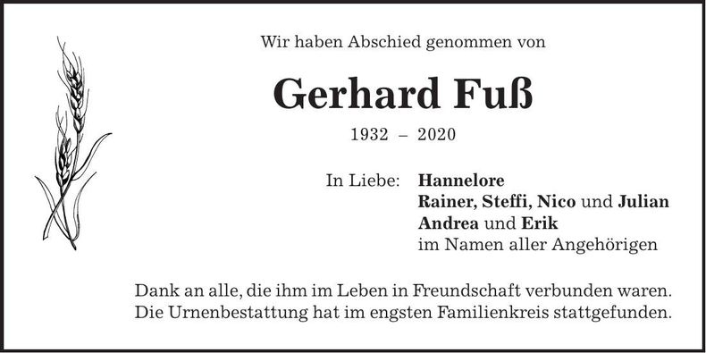 Traueranzeige Gerhard Fuß