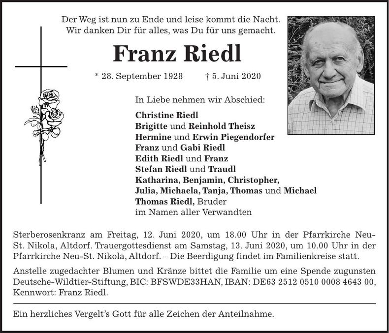 Traueranzeige Franz Riedl