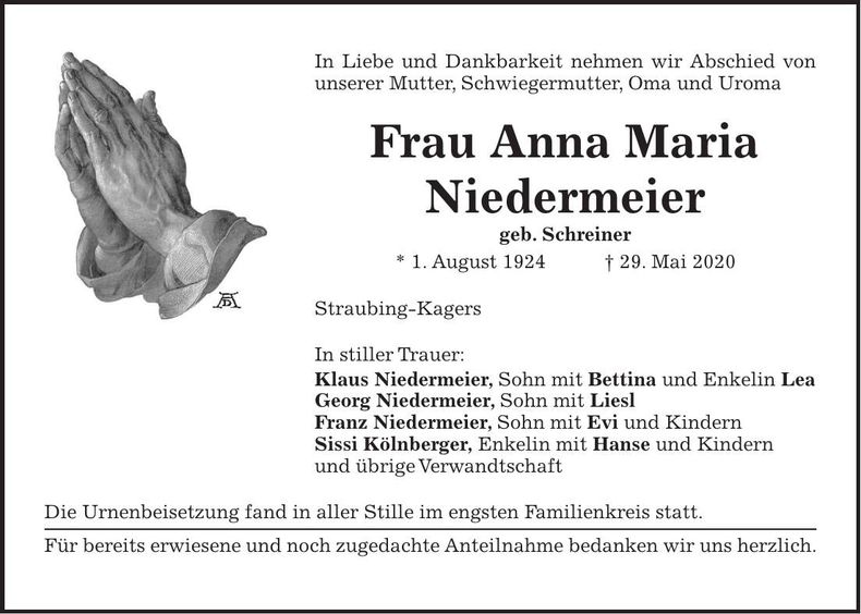 Traueranzeige Anna-Maria Niedermeier