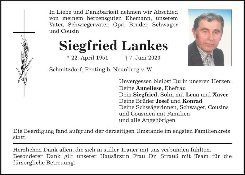 Traueranzeige Siegfried Lankes