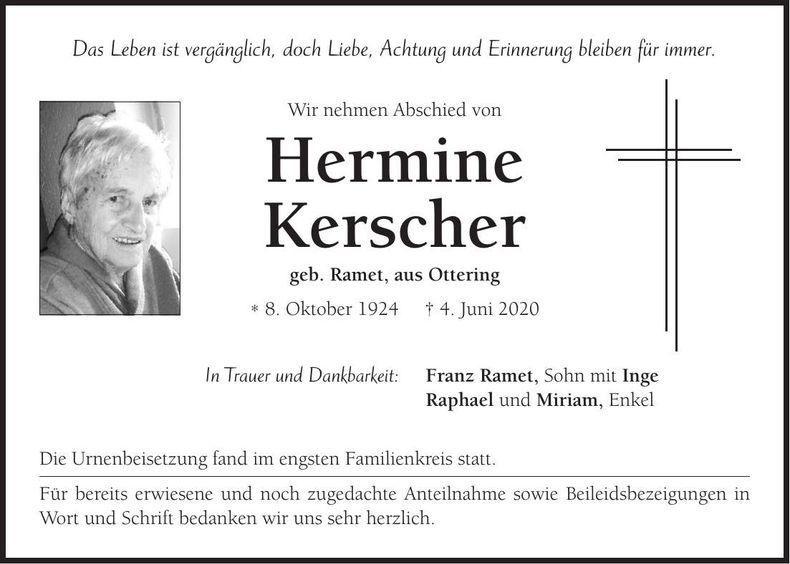 Traueranzeige Hermine Kerscher