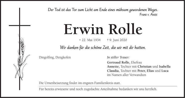Traueranzeige Erwin Rolle