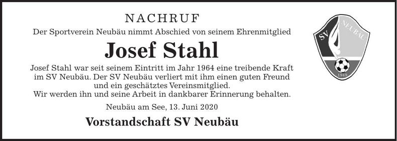 Traueranzeige Josef Stahl