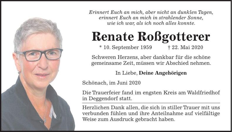 Traueranzeige Renate Roßgotterer
