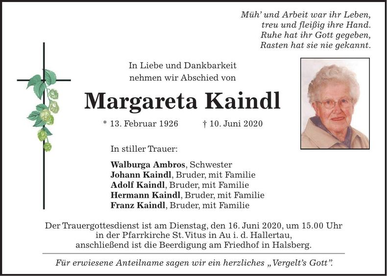 Traueranzeige Margareta Kaindl