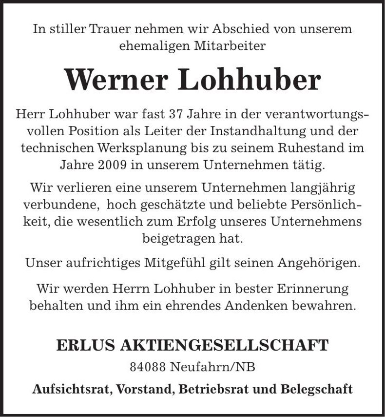 Traueranzeige Werner Lohhuber