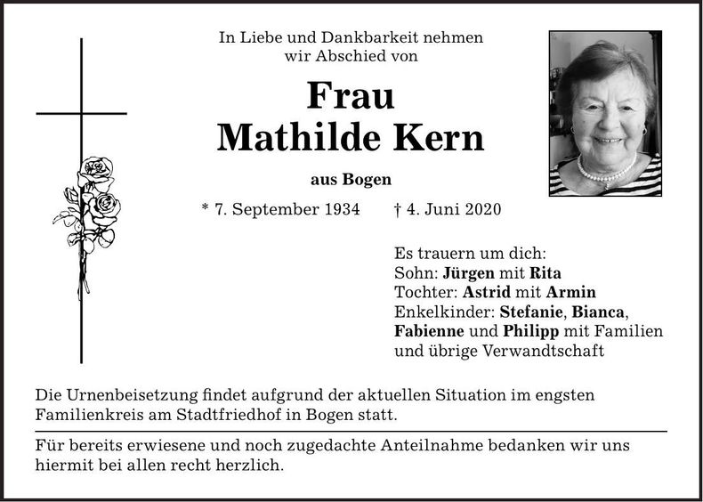 Traueranzeige Mathilde Kern