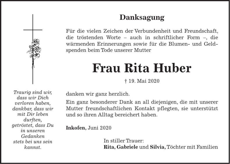 Traueranzeige Rita Huber
