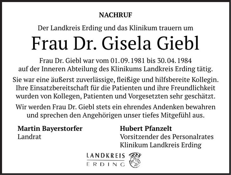 Traueranzeige Gisela Dr. Giebl