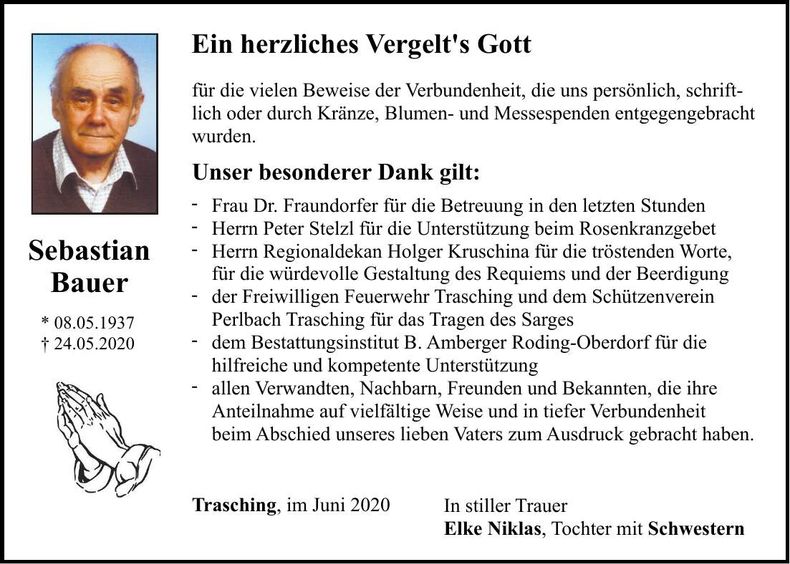 Traueranzeige Sebastian Bauer