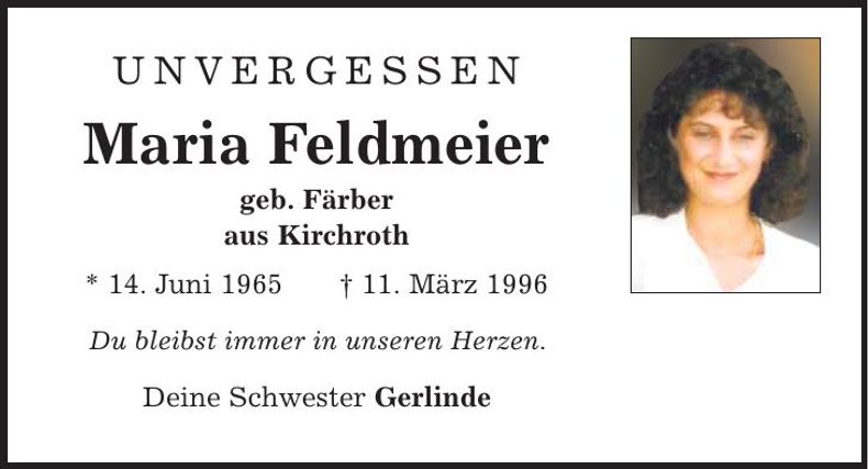 Traueranzeige Maria Feldmeier