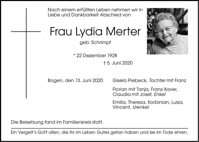 Traueranzeige Lydia Merter