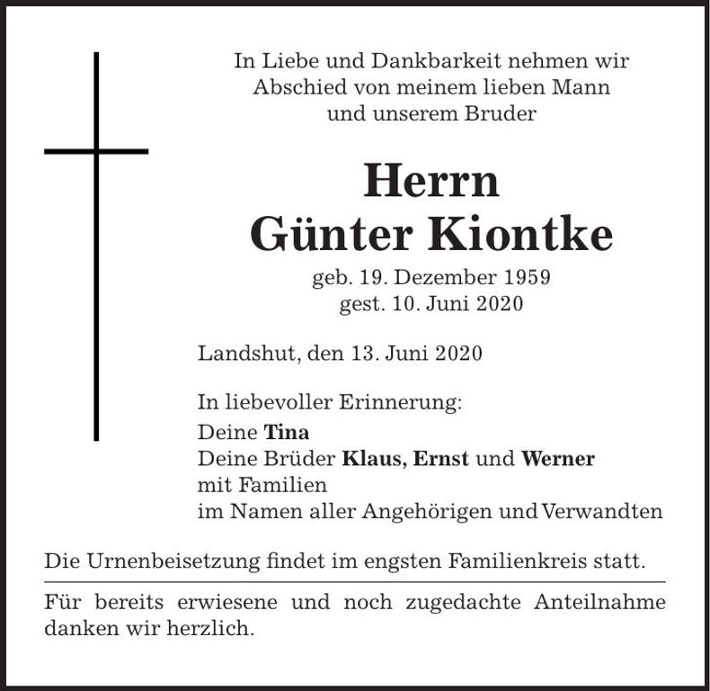 Traueranzeige Günter Kiontke