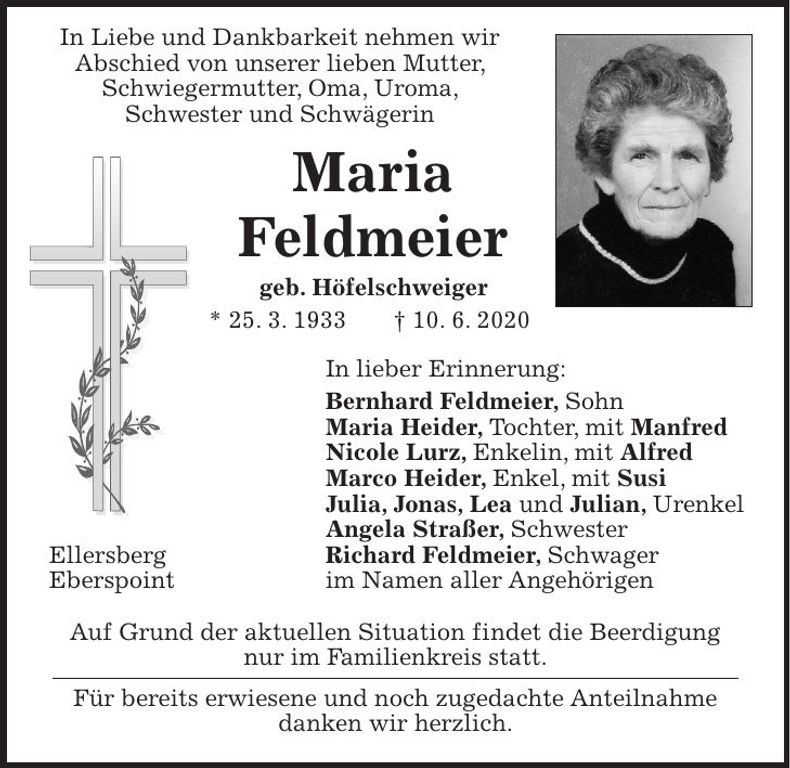 Traueranzeige Maria Feldmeier