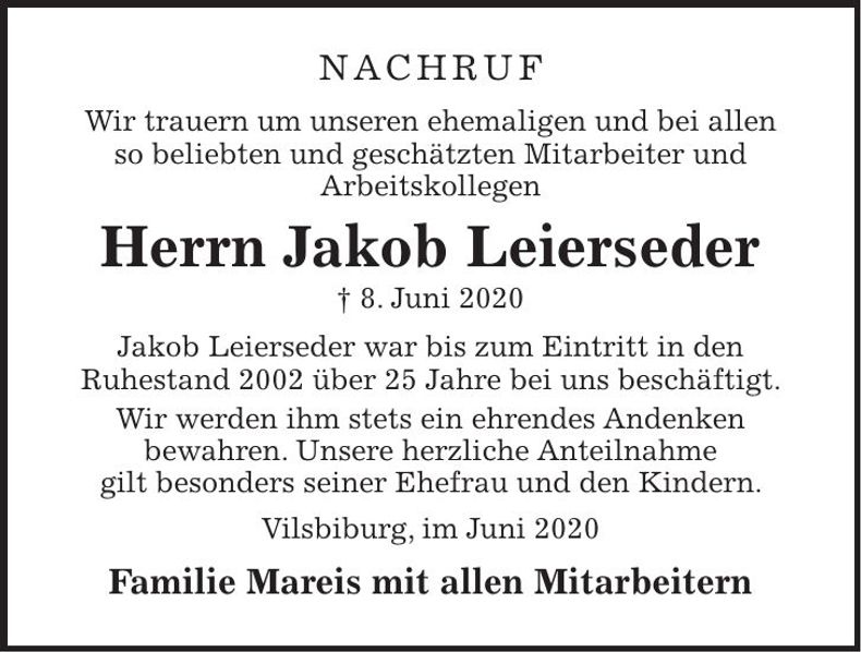 Traueranzeige Jakob Leierseder
