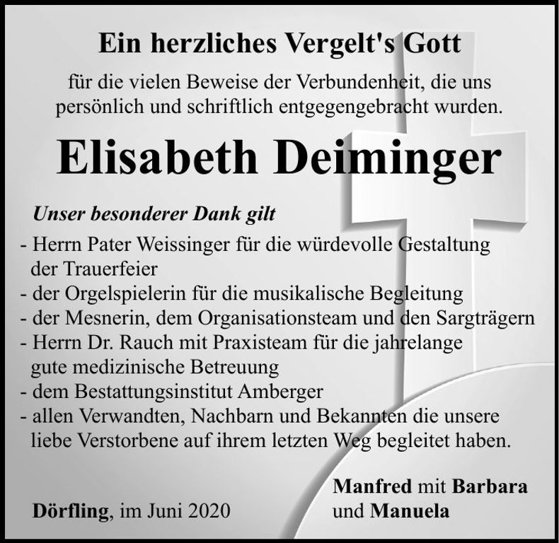 Traueranzeige Elisabeth Deiminger