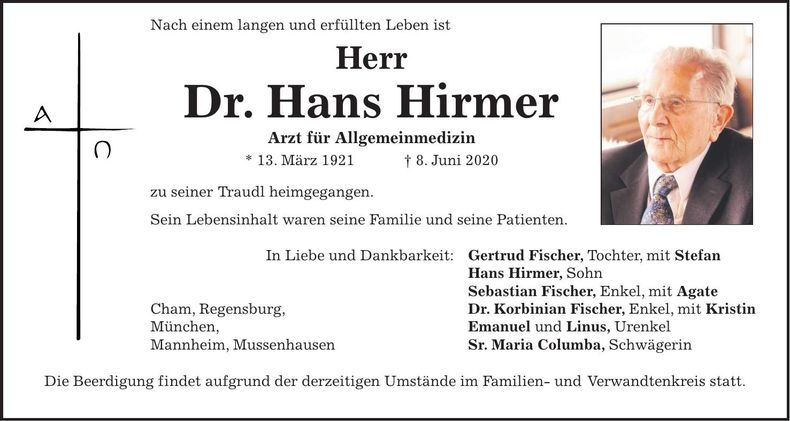 Traueranzeige Hans Dr. Hirmer
