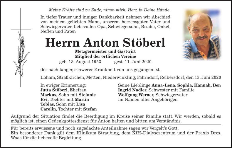 Traueranzeige Anton Stöberl