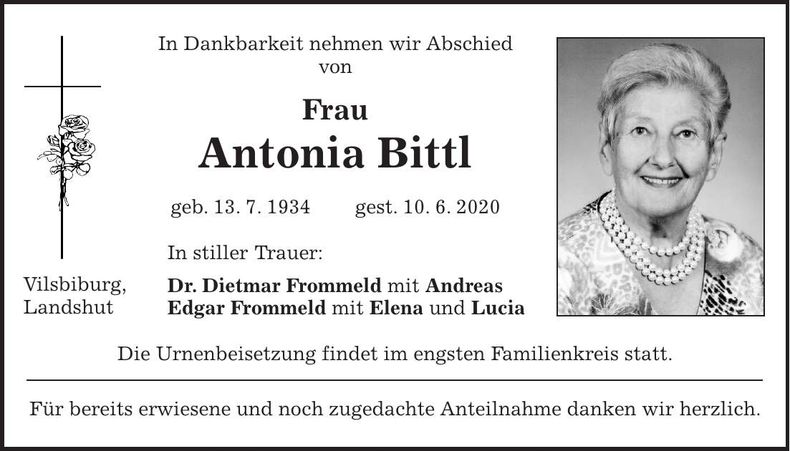 Traueranzeige Antonia Bittl