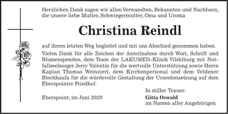 Traueranzeige Christina Reindl