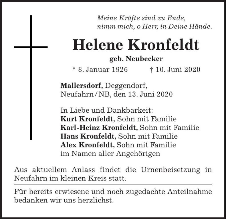 Traueranzeige Helene Kronfeldt