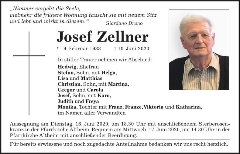 Traueranzeige Josef Zellner