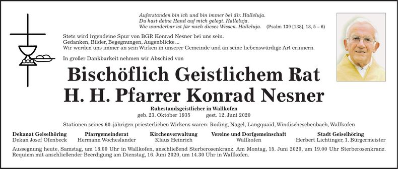 Traueranzeige Konrad H.H. Pfarrer Nesner