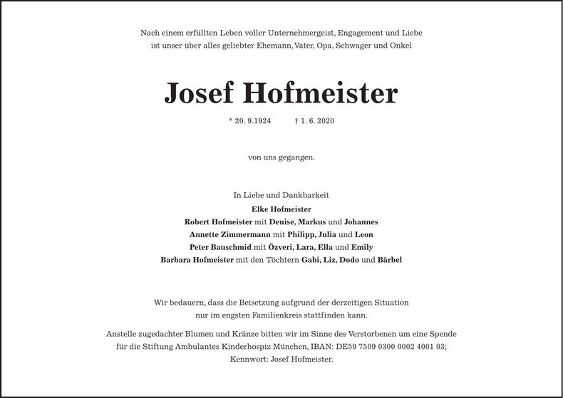 Traueranzeige Josef Hofmeister