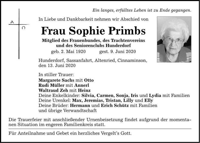 Traueranzeige Sophie Primbs
