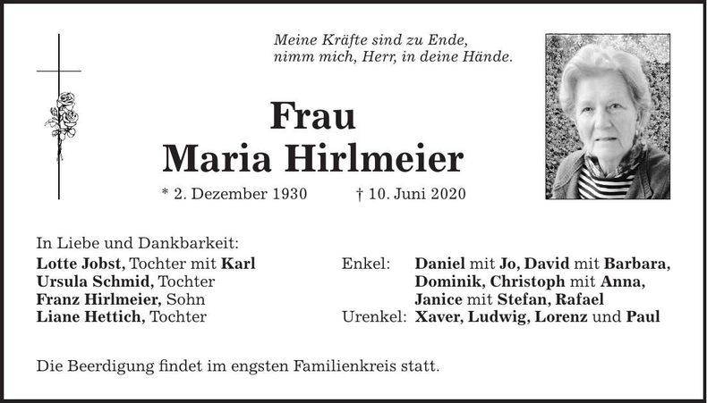 Traueranzeige Maria Hirlmeier