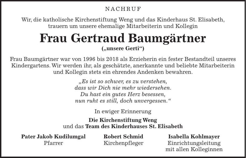 Traueranzeige Gertraud Baumgärtner