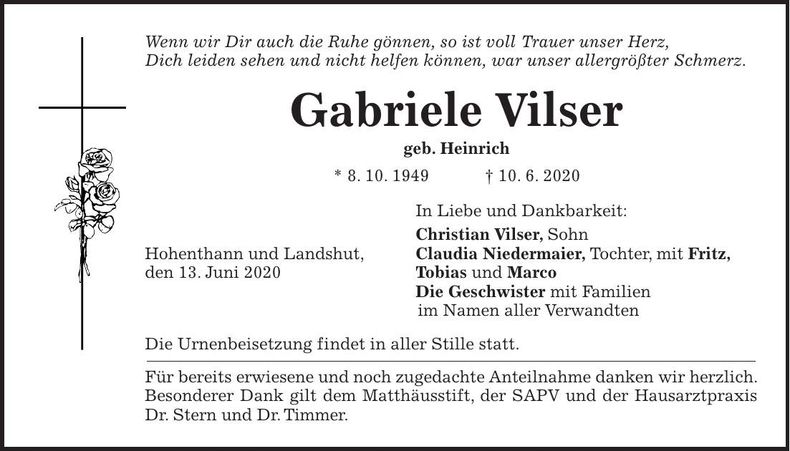 Traueranzeige Gabriele Vilser