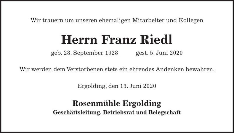 Traueranzeige Franz Riedl