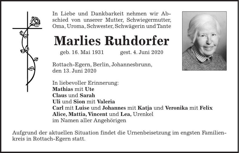 Traueranzeige Marlies Ruhdorfer