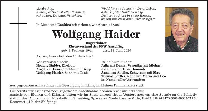 Traueranzeige Wolfgang Haider