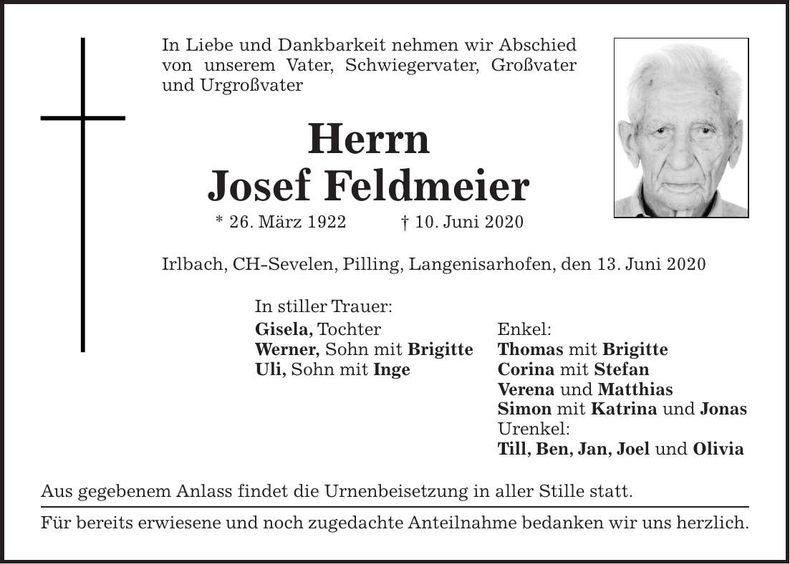Traueranzeige Josef Feldmeier