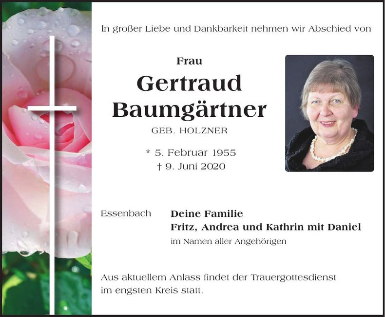 Traueranzeige Gertraud Baumgärtner