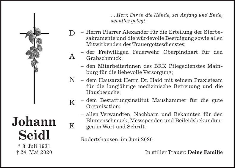 Traueranzeige Johann Seidl