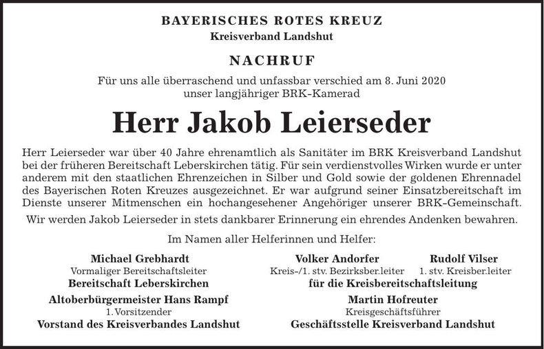 Traueranzeige Jakob Leierseder