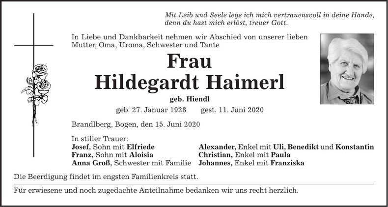 Traueranzeige Hildegard Haimerl