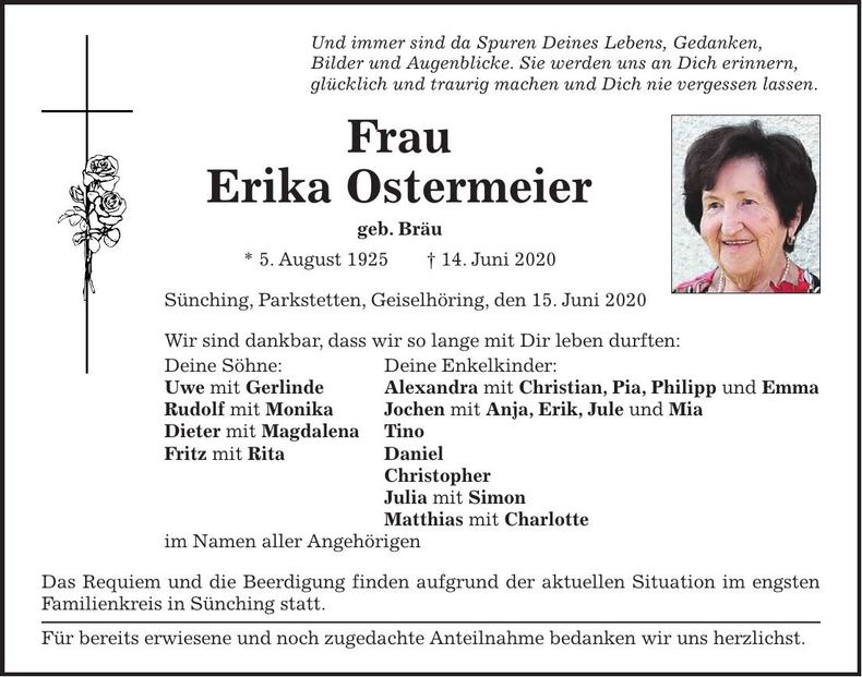 Traueranzeige Erika Ostermeier