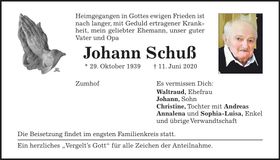 Traueranzeige Johann Schuß