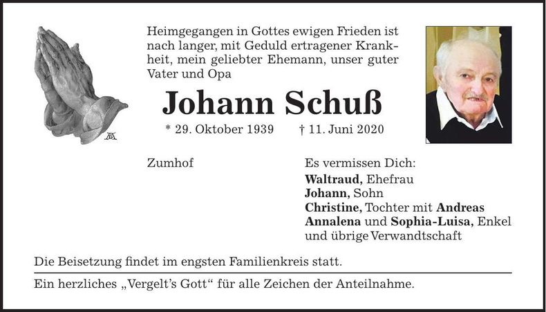 Traueranzeige Johann Schuß