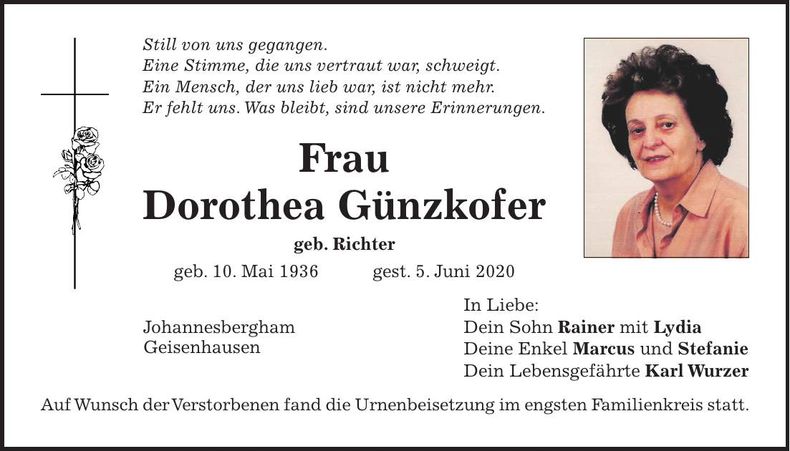 Traueranzeige Dorothea Günzkofer
